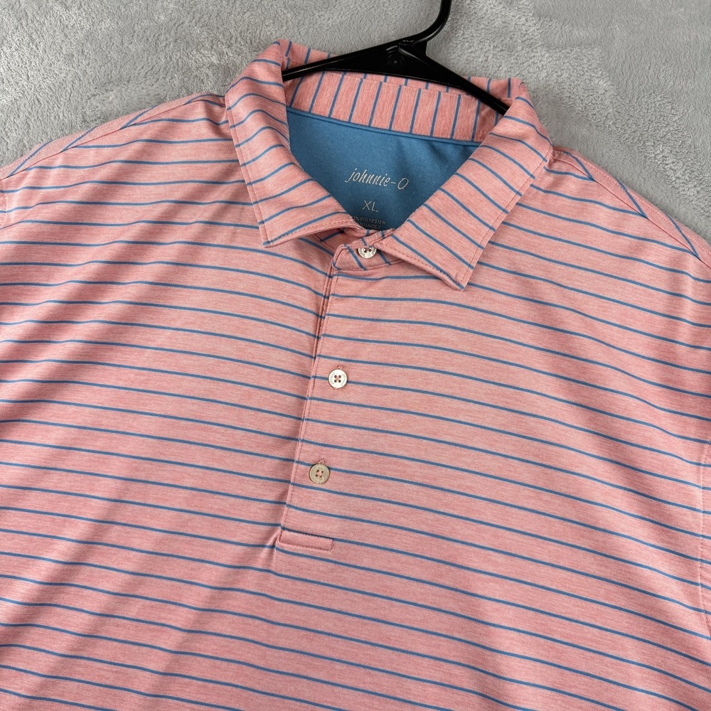 Johnnie-O Polo Shirt Mens XL Pink Blue Stripe Golf Performance UPF 50 Stretch